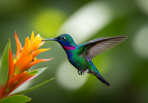 Vibrant Hummingbird with Iridescent Feathers Feeding on a Tropical Orange Flower in a Garden