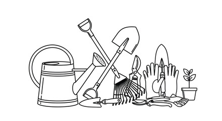A collection of gardening tools is arranged together for illustration.