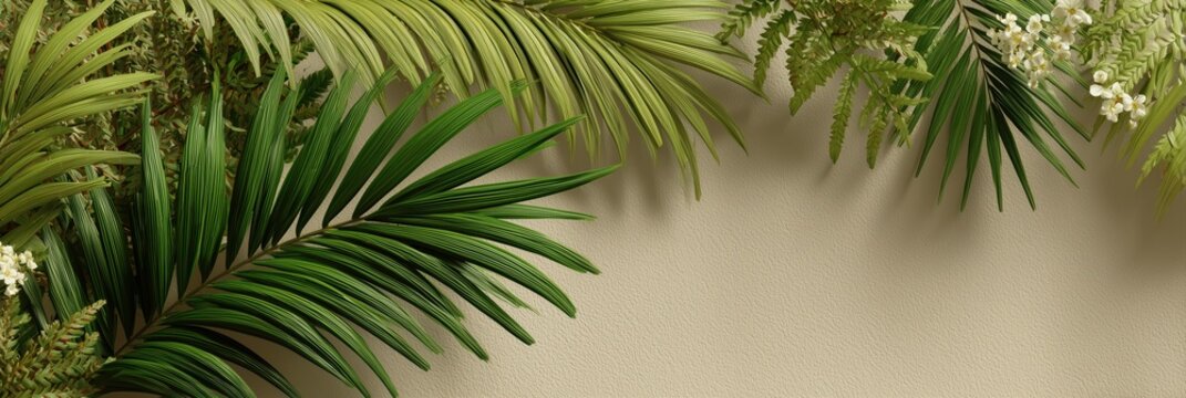 Fresh green palm leaves with soft natural shadows on sandy beige background for tropical branding.

