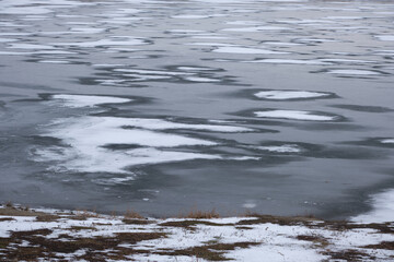 Ice on river. Winter landscape with snow and ice floes.