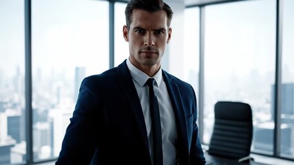 Focused young businessman in formal attire pointing directly at the camera, positioned in a contemporary office space with a picturesque city skyline in the background - Powered by Adobe