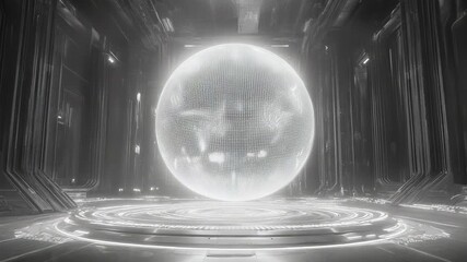 Glowing digital orb floating in futuristic hall - Powered by Adobe