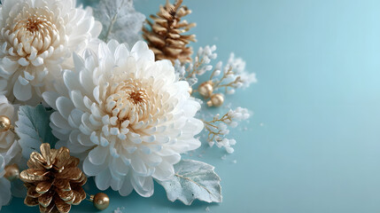 white chrysanthemums with frosted leaves and golden pinecones on pastel blue background for elegant winter celebration banner. 