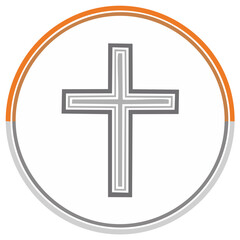 Obraz premium Gray Christian cross with layered outline in an orange circle icon for faith and spirituality