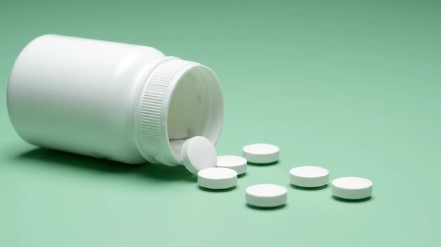 White pills cascading out of a plastic pill bottle. Symbolizing the pharmaceutical industry, healthcare, dependence, and substance misuse