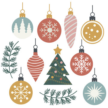 set of flat modern christmas ornaments illustrations 