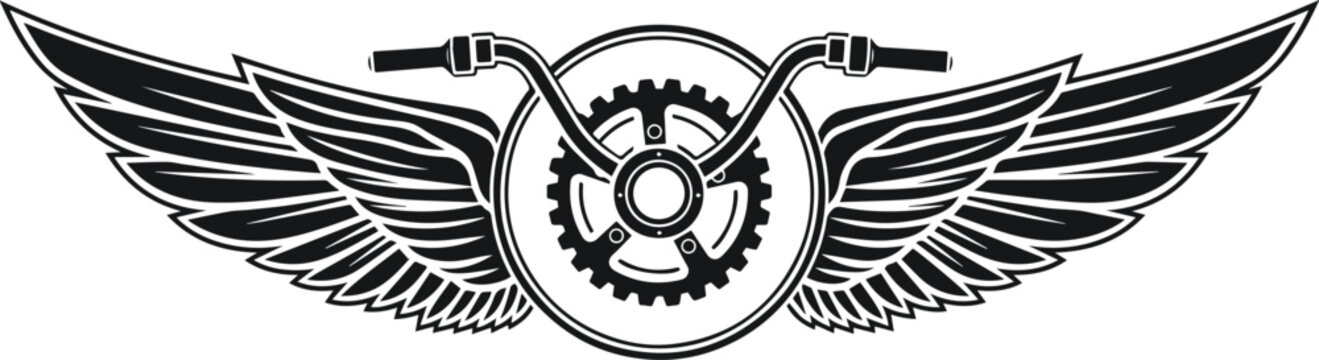 Wings and Wheels: A graphic portrayal of vintage biker emblem with wings, and a circular gear. This piece captures the freedom and rebellious spirit.