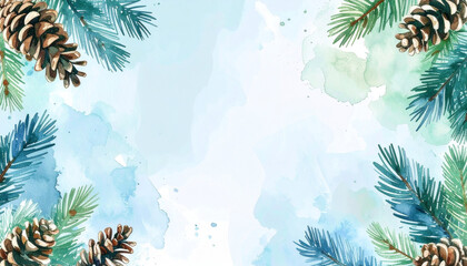 Watercolor painting of winter background with fir branches and pine cones, hand drawn art
