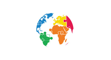 A colorful globe is depicted as a jigsaw puzzle with continents fitting together.