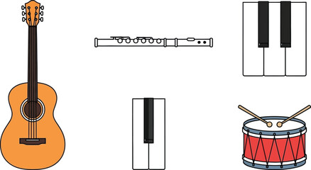 A collection of musical instruments including a guitar, flute, drum, and piano keys.