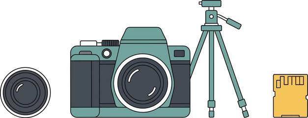 A camera, lens, tripod, and memory card are displayed against a white background.