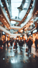Blurred image of crowds of people bustling around in a luxury shopping mall that is an economic hub. Ai generate.	
