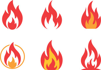 Flat Vector Fire Flame Icon Set, Red and Orange Fire Graphic, Hot Symbol Collection, Burning Logo Element