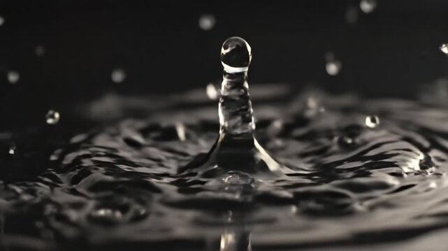 Witness the beauty of water as droplets fall and collide, creating stunning ripples and shapes in a serene dark setting, revealing nature's art in every splash. - Powered by Adobe