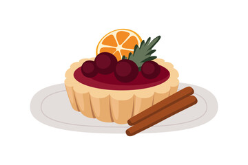 Holiday Fruit Tart with Berries, Orange Slice and Cinnamon Sticks. Christmas Festive Dessert