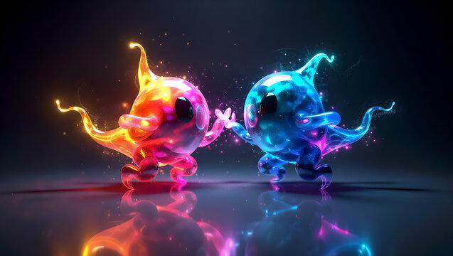 Neon Cosmic Handshake: Two glowing, abstract, bean-shaped figures in pink/blue polka dots engaging in an energetic deal. Partnership, collaboration, tech