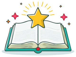 Naklejka premium Open Book with Shining Yellow Star and Sparkles Symbolizing Knowledge Learning and Inspiration