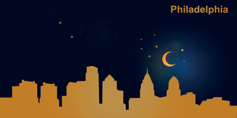 A minimalist vector illustration of the nighttime skyline of Philadelphia against a deep dark blue sky. At the top is a thin golden crescent moon with a soft glow, surrounded by several small stars.