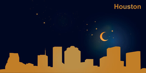 A minimalist vector illustration of Houston's nighttime skyline against a deep dark blue sky. At the top is a thin golden crescent moon with a soft glow, surrounded by several small stars.