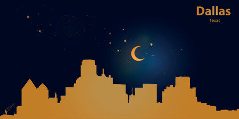Minimalist vector illustration of the Dallas skyline against a deep dark blue sky. At the top is a thin golden crescent moon with a soft glow, surrounded by several small stars.