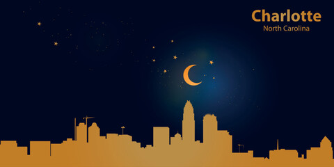 A minimalist vector illustration of Charlotte's silhouette at night against a deep dark blue sky. At the top is a thin golden crescent moon with a soft glow, surrounded by several small stars.
