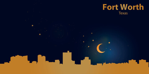 Minimalist vector illustration of Fort Worth's nighttime skyline against a deep dark blue sky. At the top is a thin golden crescent moon with a soft glow, surrounded by several small stars.