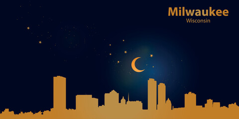Minimalist vector illustration of Milwaukee's nighttime skyline against a deep dark blue sky. At the top is a thin golden crescent moon with a soft glow, surrounded by several small stars.