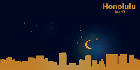 Minimalist vector illustration of Honolulu's nighttime skyline against a deep dark blue sky. At the top is a thin golden crescent moon with a soft glow, surrounded by several small stars.