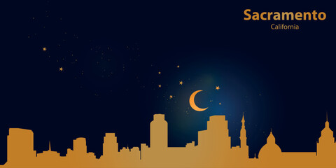 Minimalist vector illustration of Sacramento's nighttime skyline against a deep dark blue sky. At the top is a thin golden crescent moon with a soft glow, surrounded by several small stars.
