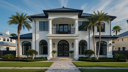 House Luxury Mansion White Exterior Black Roof Balcony Columns Arched Doorway Lawn Palm Trees Pathway Windows Entrance Sky Elegant Peaceful Generative AI