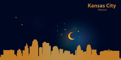 Minimalist vector illustration of the nighttime skyline of Kansas City against a deep dark blue sky. At the top is a thin golden crescent moon with a soft glow, surrounded by several small stars.