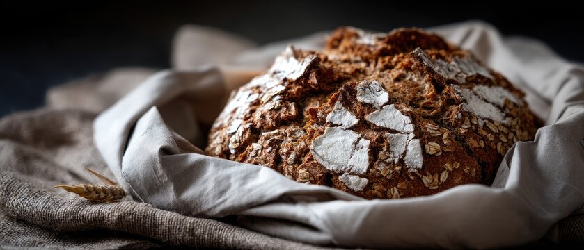 Golden crusted bread sits on a rustic table, wrapped in cloth, while soft sunlight filters through a window nearby - Powered by Adobe