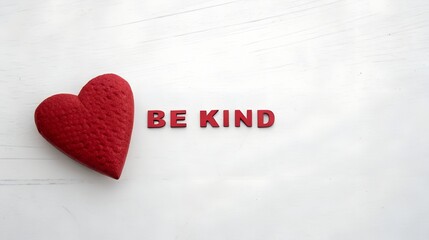 Be kind message with a red heart on white surface
