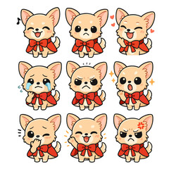 A set of cute anime dogs illustrations in various clothes doing different activities with different expressions. Stickers or badges. Chihuahua
