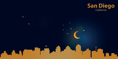 Minimalist vector illustration of San Diego's nighttime skyline against a deep dark blue sky. At the top is a thin golden crescent moon with a slight glow, surrounded by several small stars.