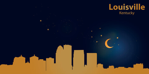 A minimalist vector illustration of Louisville's nighttime skyline against a deep dark blue sky. At the top is a thin golden crescent moon with a soft glow, surrounded by several small stars.