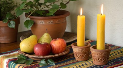 Still life with candles, fruit, and a plant in pot