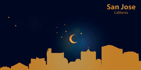 Minimalist vector illustration of the nighttime silhouette of San Jose against a deep dark blue sky. At the top is a thin golden crescent moon with a slight glow, surrounded by several small stars.