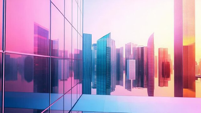 Modern city skyline reflecting vibrant colors at sunset