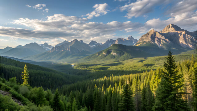 Majestic Mountain Range With Lush Green Forest And Cloudy Sky At Sunset mountains