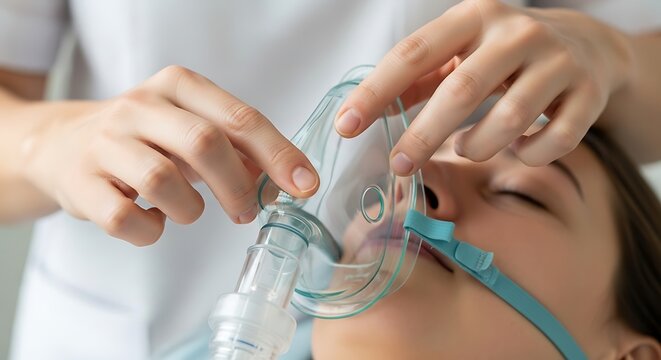Medical Professional Administers Oxygen Therapy to a Child Using a Mask in a Hospital Setting - Powered by Adobe