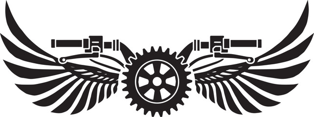 Mechanical Wings Illustration: A black and white illustrative design features a central gear flanked by stylized wings, with motorcycle handlebars incorporated. 