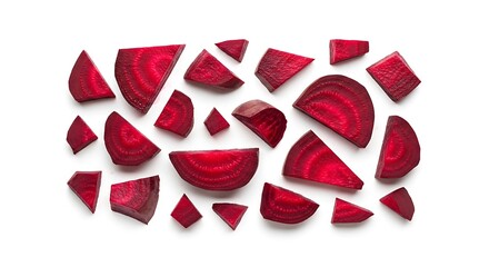 Scattered slices of vibrant red beetroot arranged in a pattern