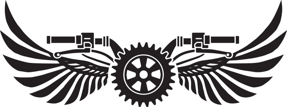 Mechanical Wings Illustration: A black and white illustrative design features a central gear flanked by stylized wings, with motorcycle handlebars incorporated. 