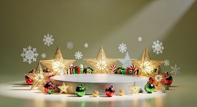 Festive Christmas decorations with stars baubles presents and snowflakes backdrop