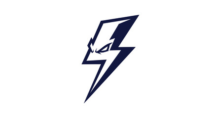 Stylized electric bolt symbol with angry eyes in navy blue on white