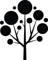 A stylized black silhouette of a tree with circular leaves against a white background.