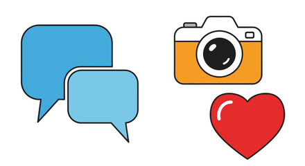 Icons representing communication, photography, and social media likes are displayed.