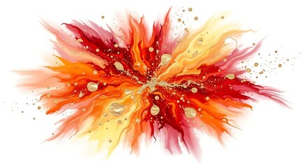 Explosion of red, orange, and yellow powder with gold dust