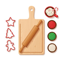 Festive baking scene with cookie cutters, rolling pin, sprinkles, and hot chocolate on a wooden board.